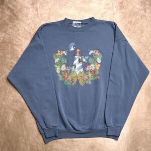 Vintage 90s Endless Design Floral Lighthouse Birds Crewneck Sweater Blue Cottage